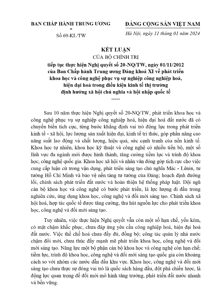 Kết luận của Bộ Chính trị tiếp tục thực hiện Nghị quyết số 20-NQ/TW, ngày 01/11/2012 của...|https://quangminh.hiephoa.bacgiang.gov.vn/chi-tiet-tin-tuc/-/asset_publisher/M0UUAFstbTMq/content/ket-luan-cua-bo-chinh-tri-tiep-tuc-thuc-hien-nghi-quyet-so-20-nq-tw-ngay-01-11-2012-cua-ban-chap-hanh-trung-uong-ang-khoa-xi-ve-phat-trien-khoa-hoc-va